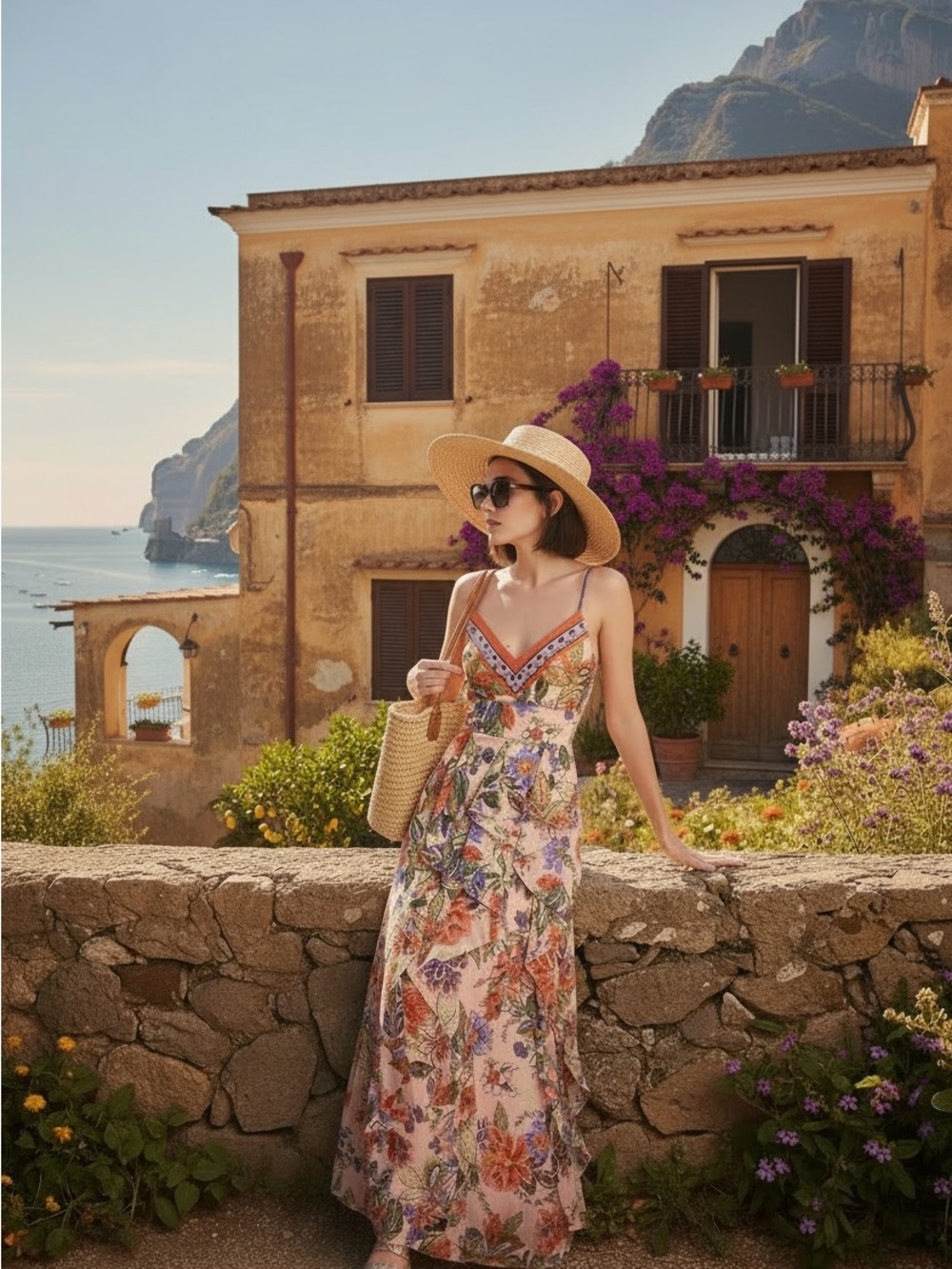Eliza J Peach Floral Maxi Dress with Red Trim